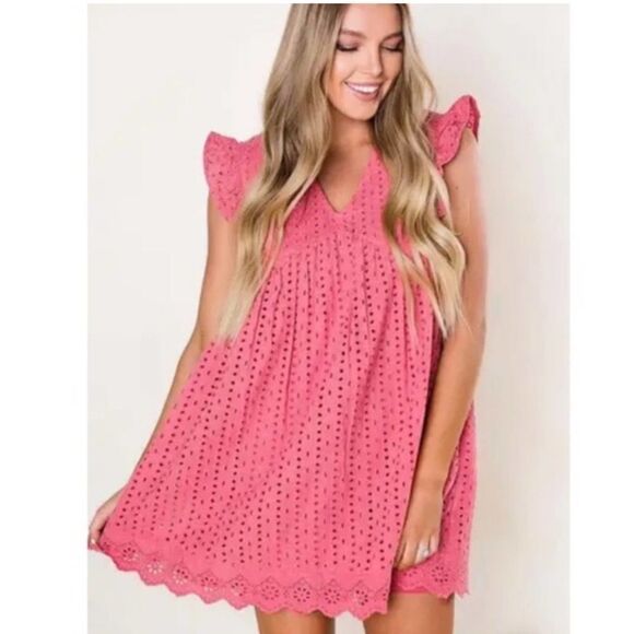 Anthropologie Mustard Seed Pink Babydoll Eyelet Ruffle Romper Dress | SZ M - Picture 1 of 13